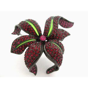 JOAN RIVERS brooch pin Large Flower Pink Fushia Green Crystal Rhinestone